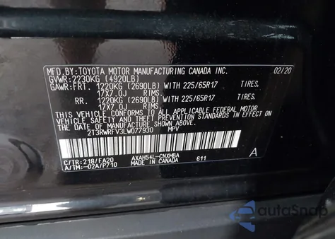 2020 Toyota Rav4 Hybrid Xle из США, поврежденный, VIN 2T3RWRFV3LW077930